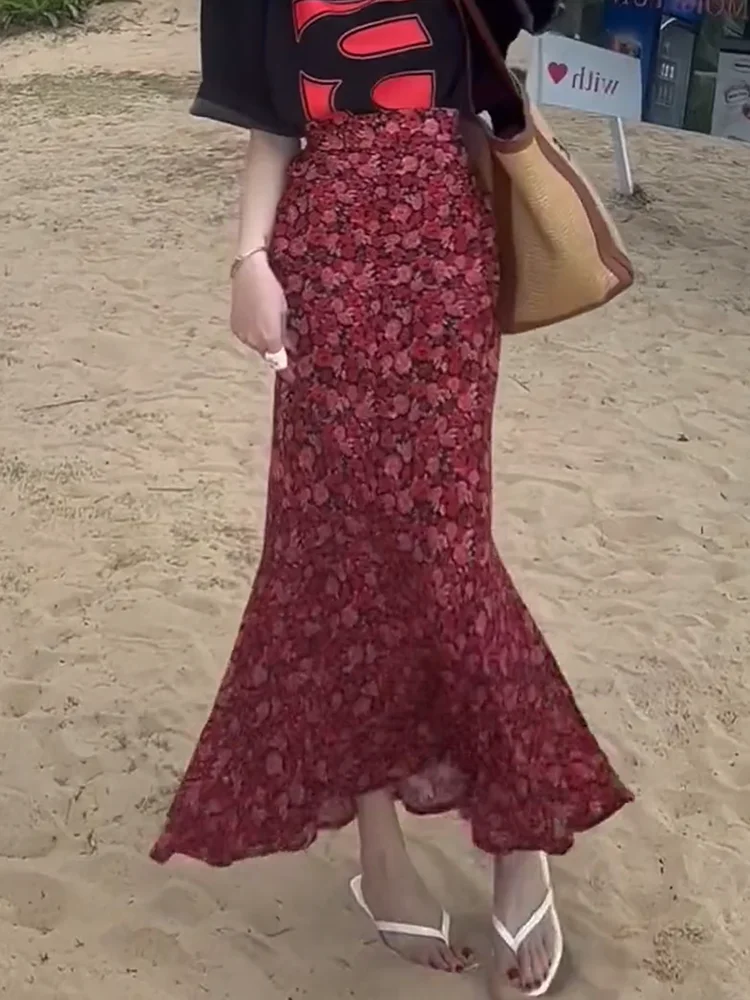 

Женская повседневная юбка-русалка Vaion Sle в стиле ретро с цветочным принтом, с завышенной талией, облегающая, летняя, новинка, средней длины