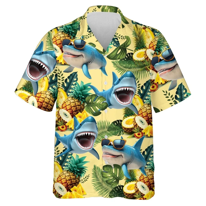 

Hip Hop Hawaiian Shark Shirts For Men Clothes Funny Animal Graphic Beach Shirt Aloha Surfing Lapel Blouse Vacation Short Sleeve