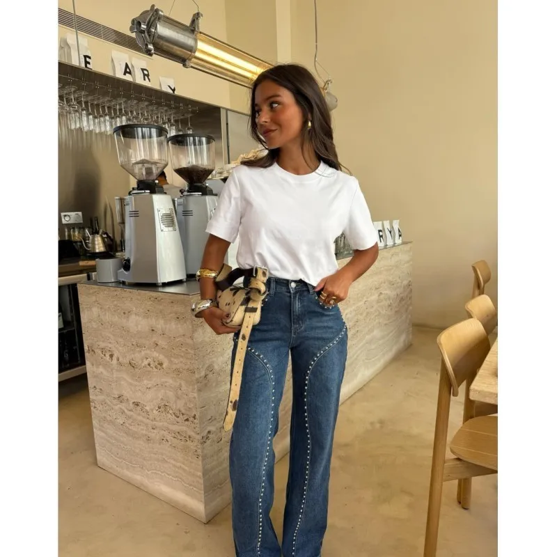 

2026 Women's High Waisted Wide Leg Jeans Loose Casual Fashion Street Studded Jeans