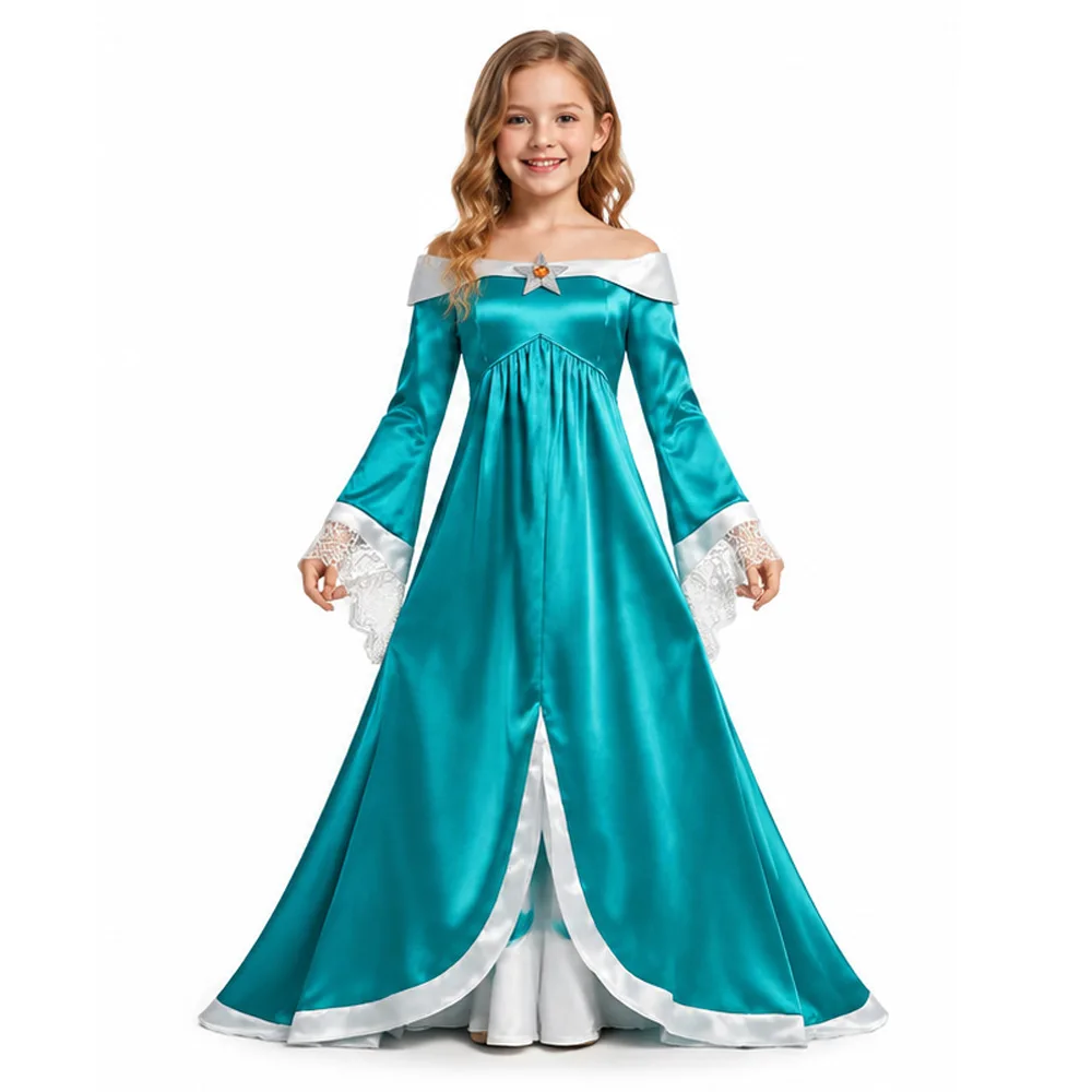Princess Rosalina Costume for Girls One Shoulder Fancy Dress Gowns Blue Peach Party Dress Mario Costumes