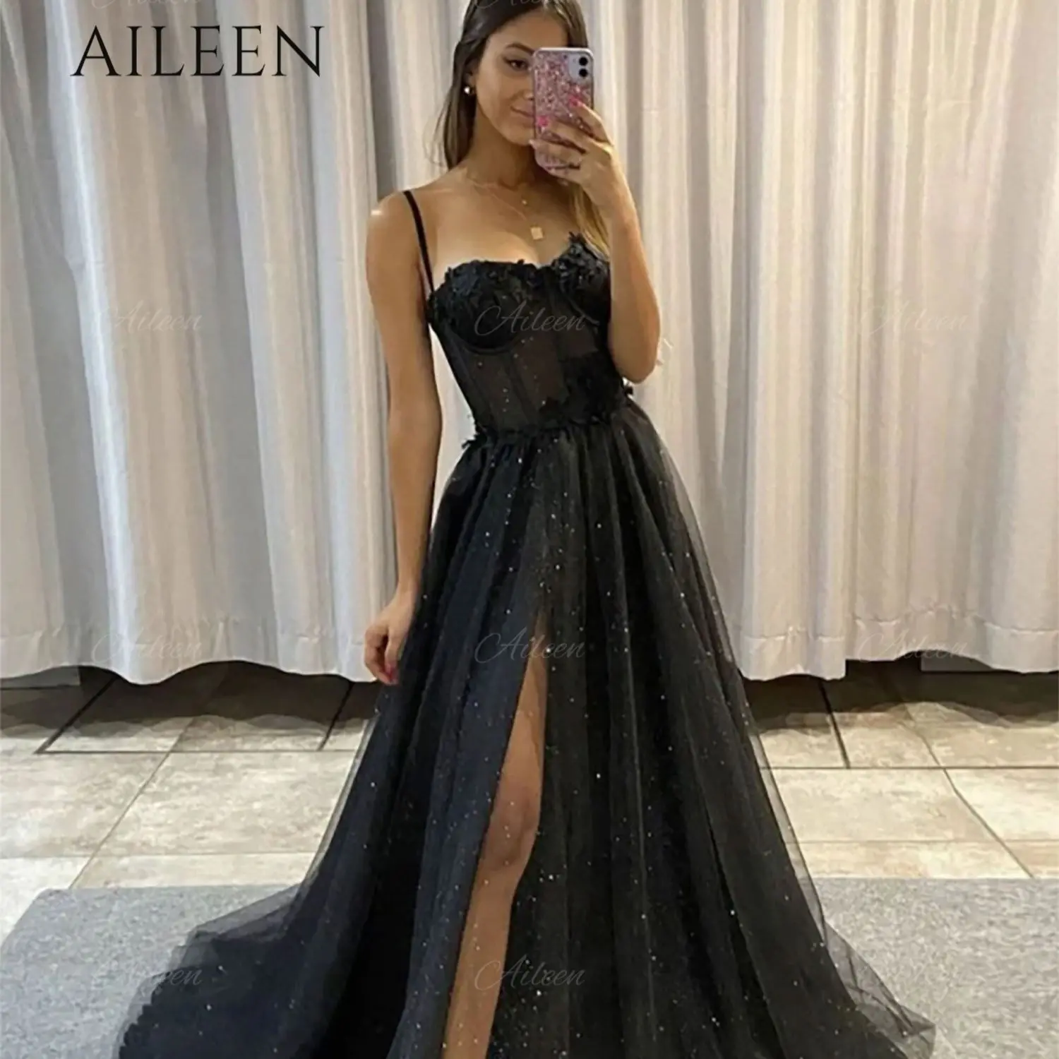 Aileen Sexy Elegant Dresses for Women Evening Dress Thin Suspenders Prom Dresses 2023 Sweetheart Black Side Slit Shiny Robe Long