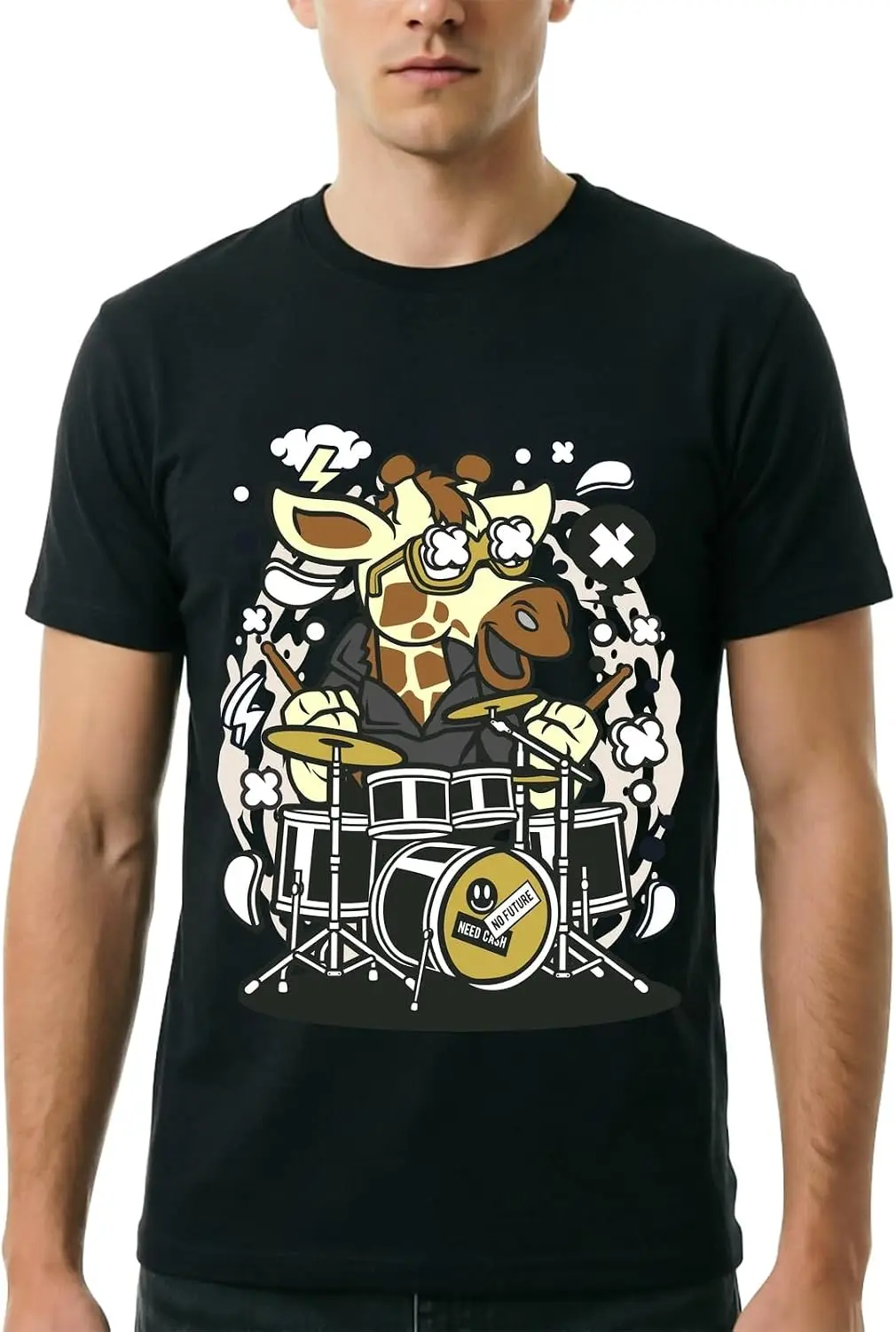 Giraffe Drummer Rock Music Graphic Men's Short Sleeve T-Shirt 100% Cotton Trendy Y2K Short-Sleeve Tee – Soft, Quick-Drying, All Occasion Casual  Suitable For Concert Party Hanging Out Sightseeing Trip