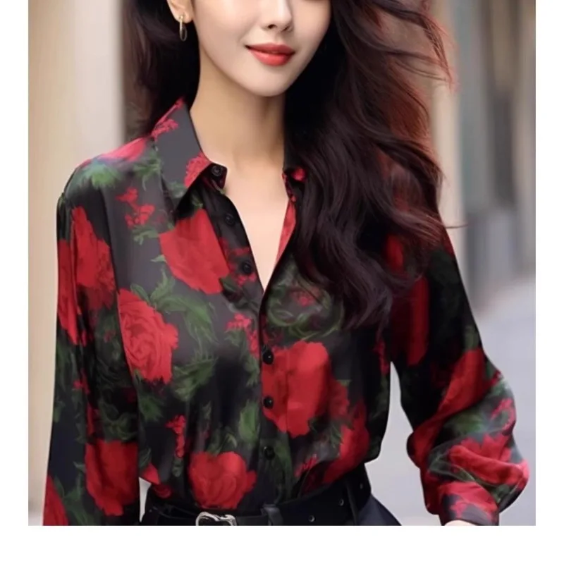 Chinese Style Chic Chiffon Blouses Fashionable Commute Women's Spring Patchwork Polo Neck Long Sleeve Loose Button Printed Shirt