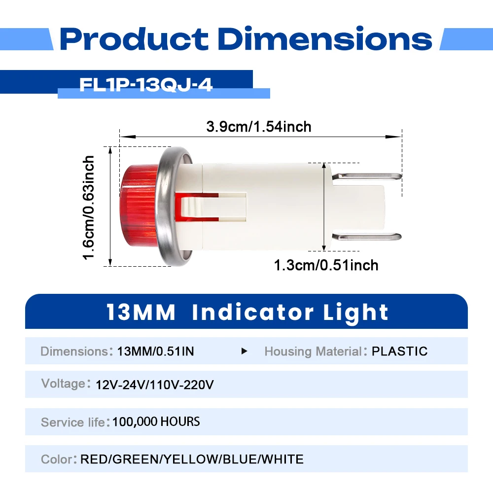 FILN 5 Stück 13mm Einrastbare Konvexe Kunststoff-Anzeigelampe 12V 24V 220V Pin-LED-Pilotlampe für Auto, Boot, Zuhause – Detail 3