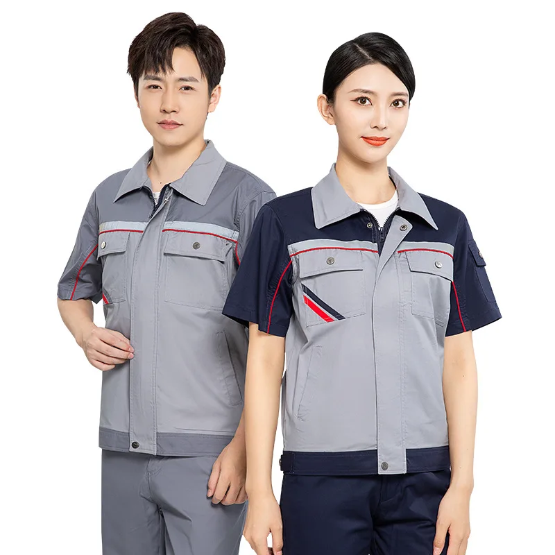 

Summer Fashion Work Clothing Anti Static Worker Coveralls Short Sleeve Contrast Color Multi Pockets Breathable Factory Uniform