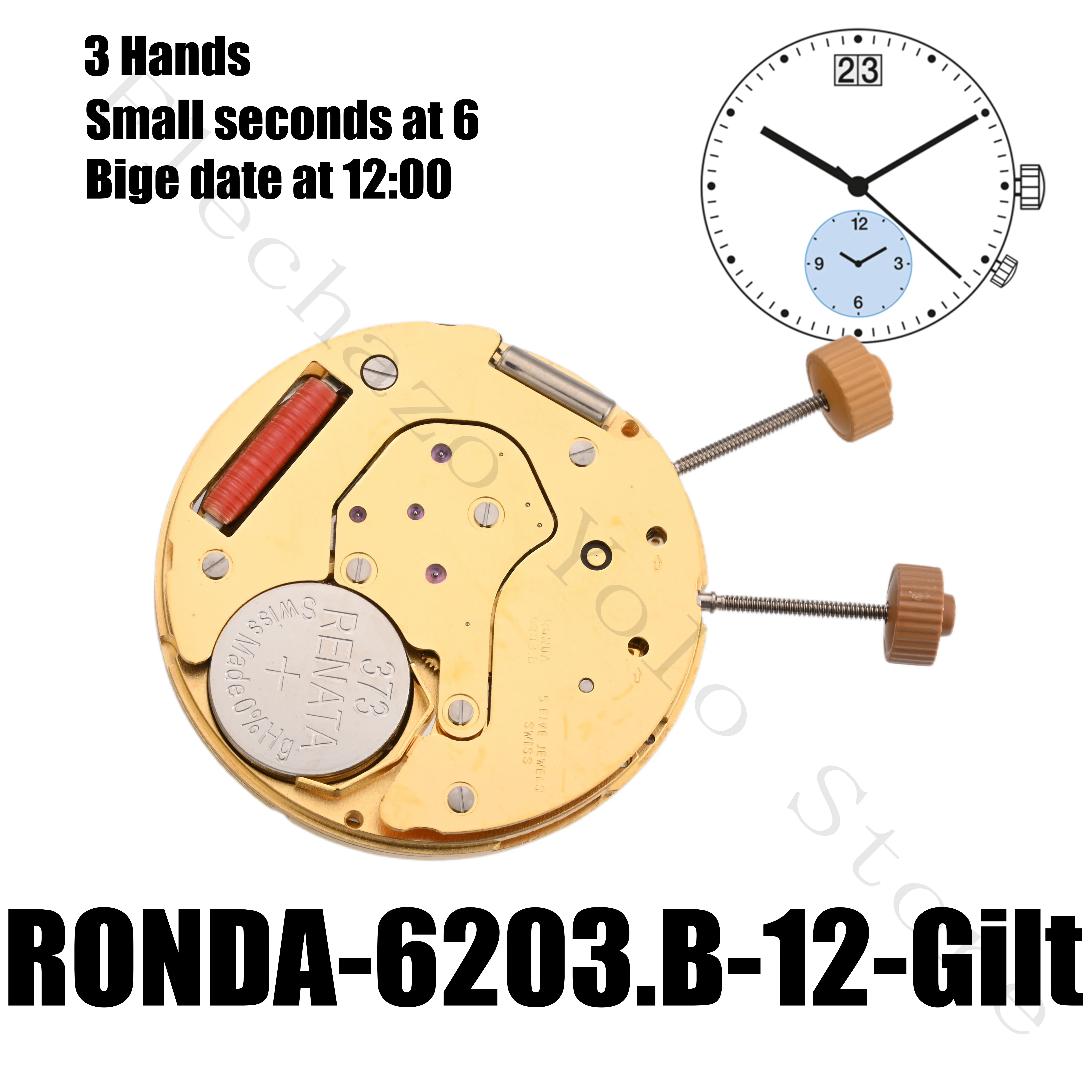 أجزاء إصلاح حركة ساعة كوارتز لروندا 6203.B حركة ساعة مذهبة 3 عقارب تاريخ عند 12 مع ملحقات البطارية #3