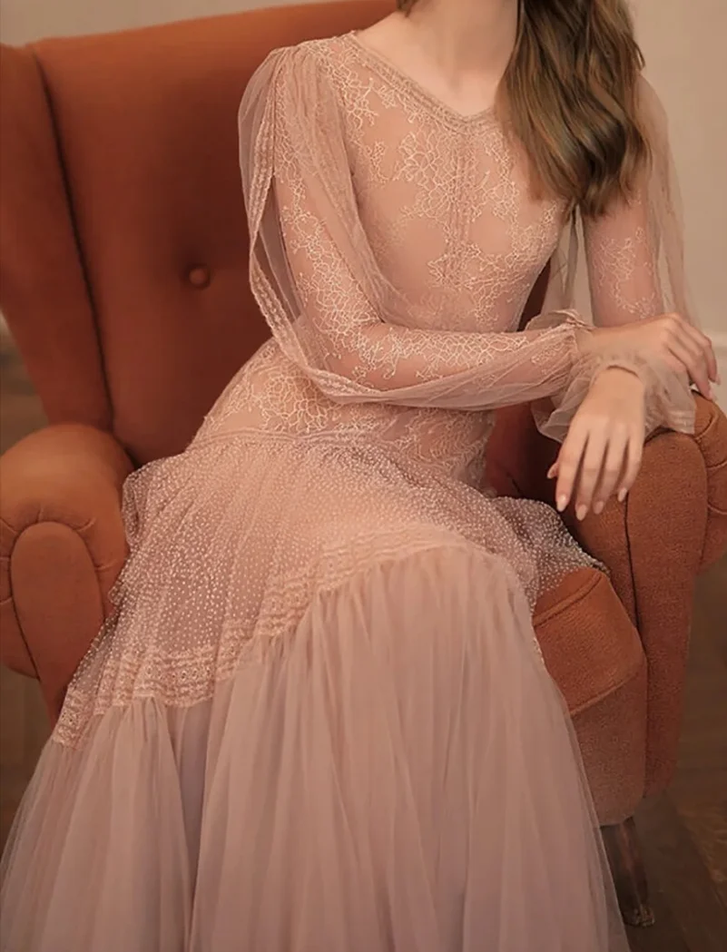 Robe de Rhélégante en dentelle rose pour femme, col en V, ligne A, robe de soirée de mariage, manches longues, maxi, robe de soirée formelle, 2024