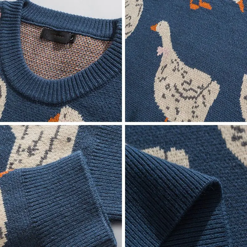 Chic Cartoon Animal Duck Goose Print Knitted Sweater Men Pullover Harajuku Casual O-Neck Oversize Streetwear Fall Winter Top