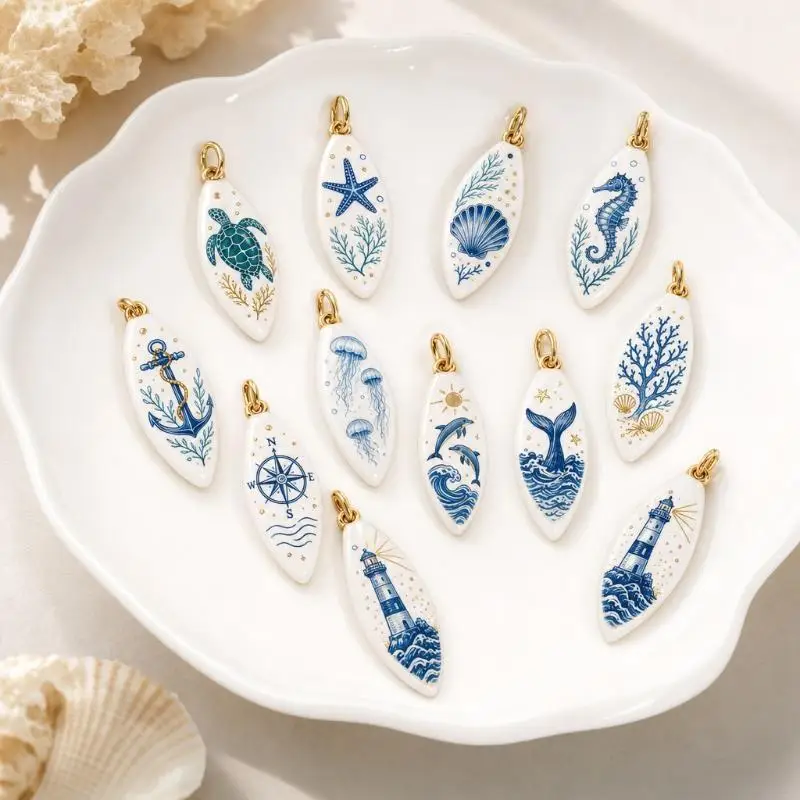 1 Stück Ozean-Schmuck Muschel-Schildkröten-Seepferdchen-Anhänger, vergoldet, blau, doppelseitig emailliert, Messing, DIY – Detail 1