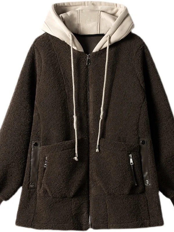 معطف نسائي شتوي مقاس كبير من فرو الضأن مع غطاء للرأس من الجلد والفراء ملابس خارجية فضفاضة غير رسمية بفتحة مستقيمة #5