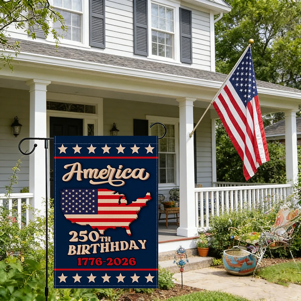 One American 250th Anniversary Garden Flag (1776-2026) featuring a patriotic design with a map of the United States, the America