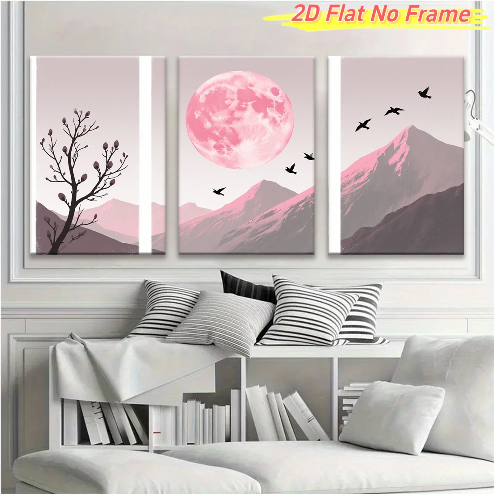 2D Flat, 3pcs Frameless Pink Moon Mountain Range Wall Art - Modern Minimalist Suitable for Indoor Decor, Pink Mountain Canvas