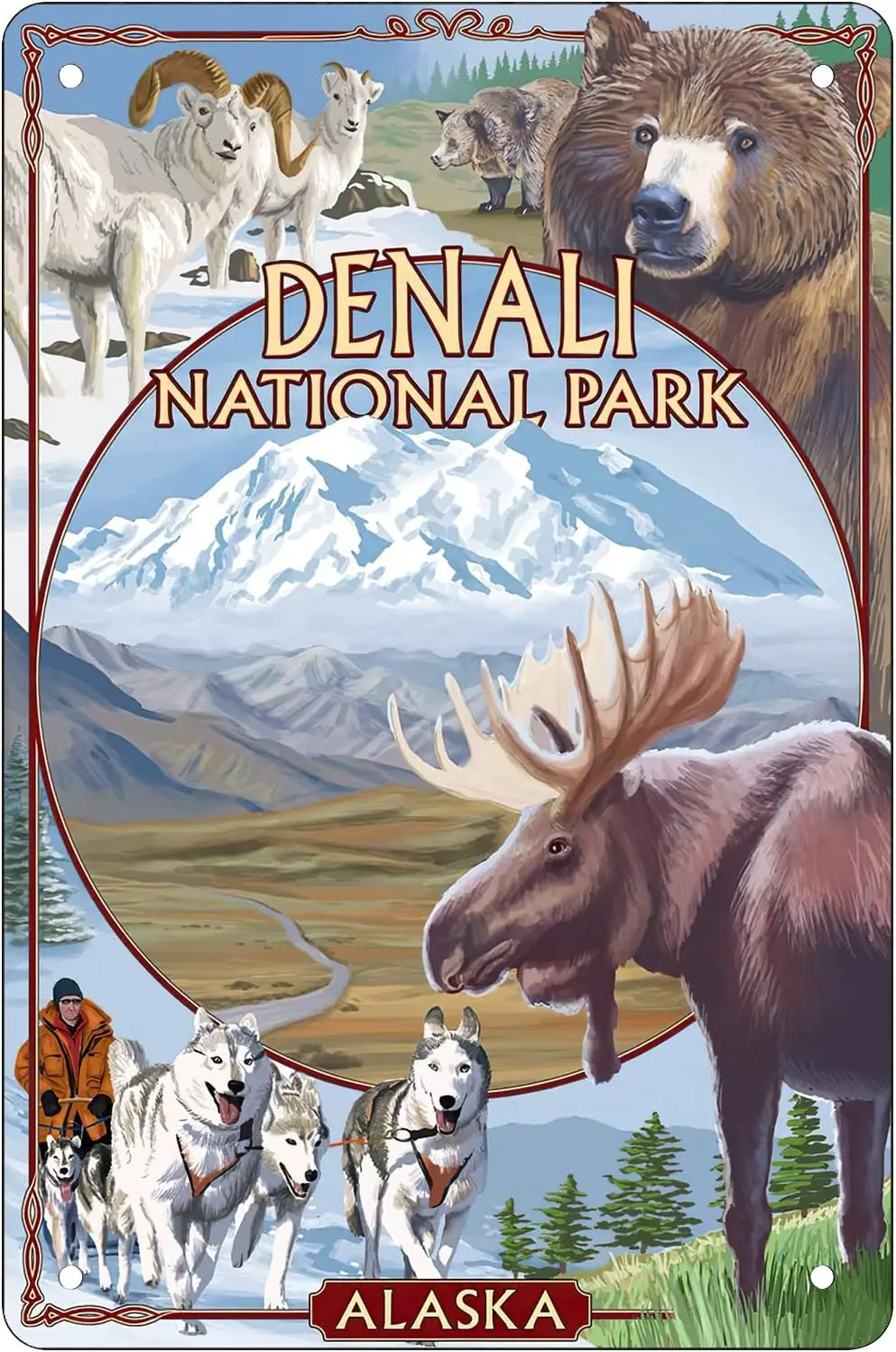 Retro Funny Metal Sheet Signs Denali National Park, Alaska, Park Views, Elk,Bear, Goat, Wall Decoration, size:8 x 12