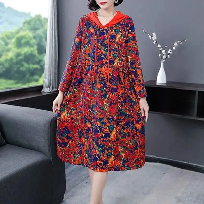 Casual Contrasting Colors Printed Midi Dress Female Clothing Loose Fashion Hooded Drawstring Spring Autumn Long Sleeve Dresses