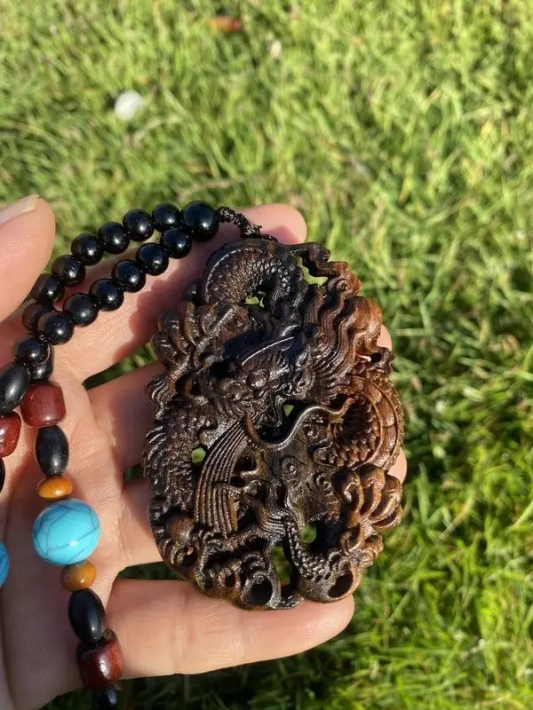 

Indonesian Agarwood Carving Double-sided Carved Dragon Plate Three-dimensional Hollow Pendant Wooden Car Pendant Carved Dragon