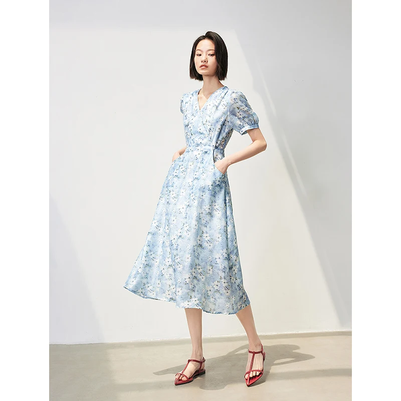 TOYOUTH Women Dress 2024 Summer New Floral Print Holiday Oil Painting Short Sleeve High Waist Blue Long Dress With Waistband