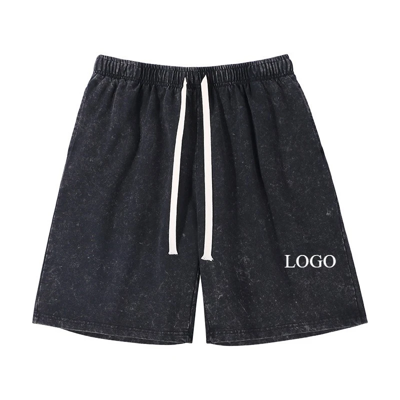 DIY LOGO Custom Design 290G Cotton Washed Retro Summer Mens Sports Shorts Solid Casual Straight Loose Sweatpants Men Clothing
