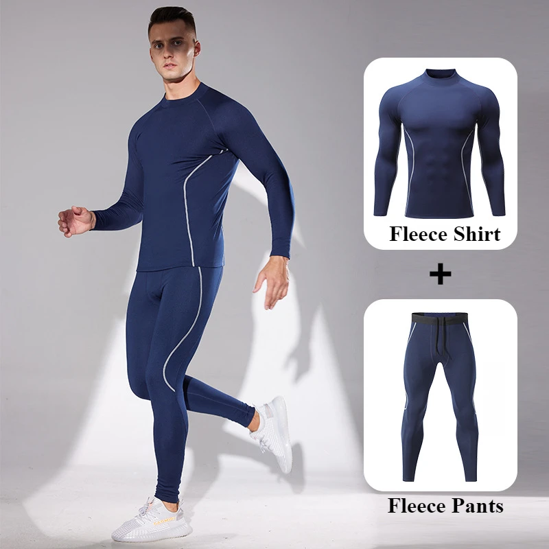 Men Compression Fleece Sportswear Set Gym Running Sport Sets Clothes Jogging Tights Tracksuit Fitness T-Shirt Warm Leggings