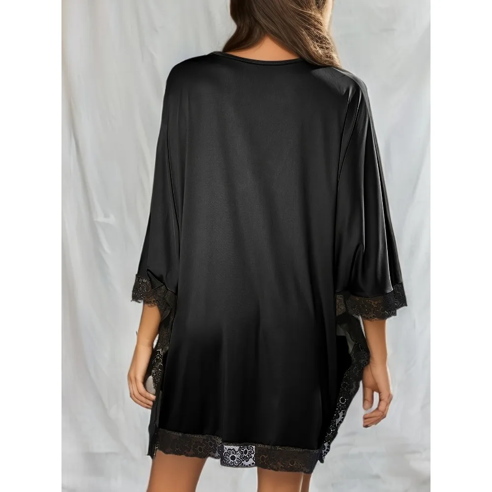 حجم كبير 1XL-5XL موضة فضفاضة فستان النوم عادية عميق الخامس فستان بأكمام قصيرة السيدات مثير الدانتيل بألواح منامة فستان