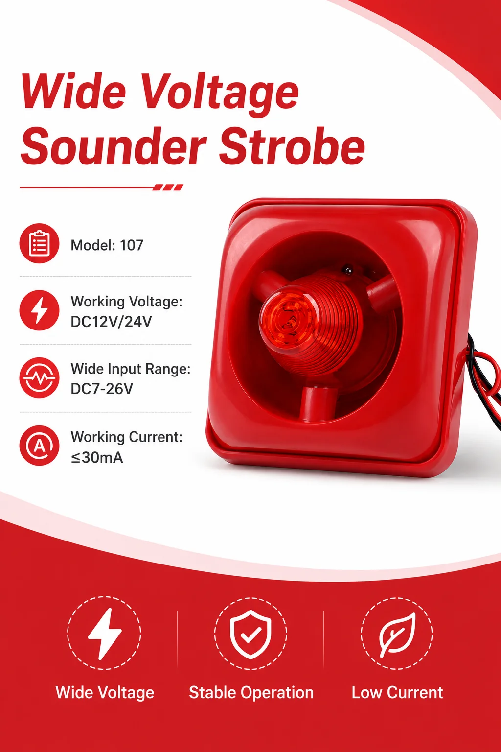 DC 12V 24V Warning Siren, 115dB sound & LED strobe, 107 model buzzer for fire alarm and safety protection