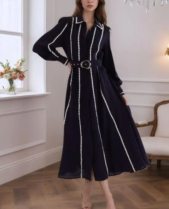 

Slimming Women's Dress 2026 Spring Elegant Casual Lapel Polka Dot Sticker Button Long Sleeved Shirt Dress Suitable for Office