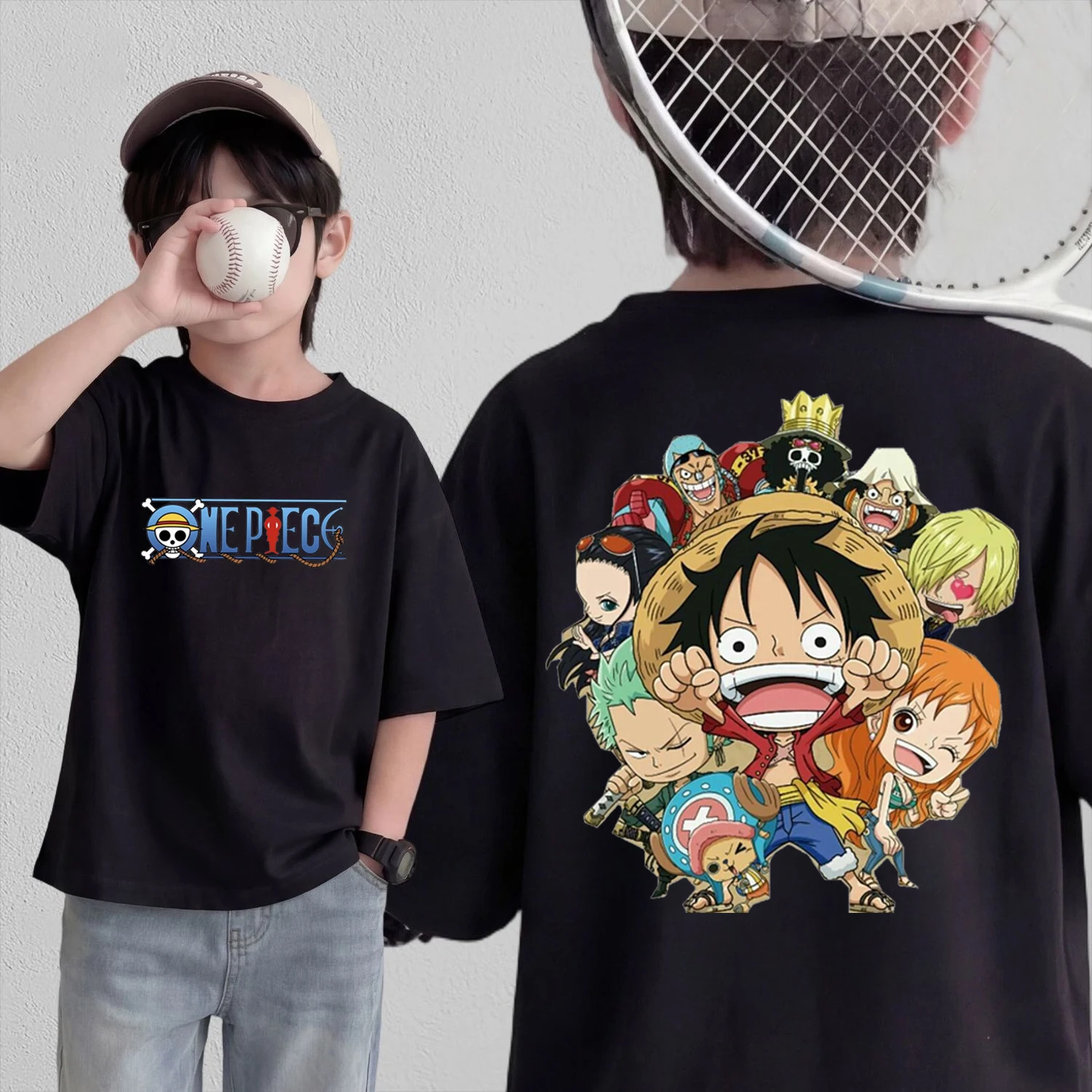 

Футболка для косплея в стиле аниме One Piece, хлопковые топы с короткими рукавами, повседневная свободная футболка в стиле ретро для мужчин, женщин и детей, одинаковые комплекты для всей семьи