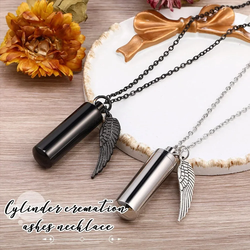 

Cylinder Urn Necklace with Angel Wing Charm Stainless Steel Memorial Cremation Jewelry for Ashes Holder Keepsake Pendant
