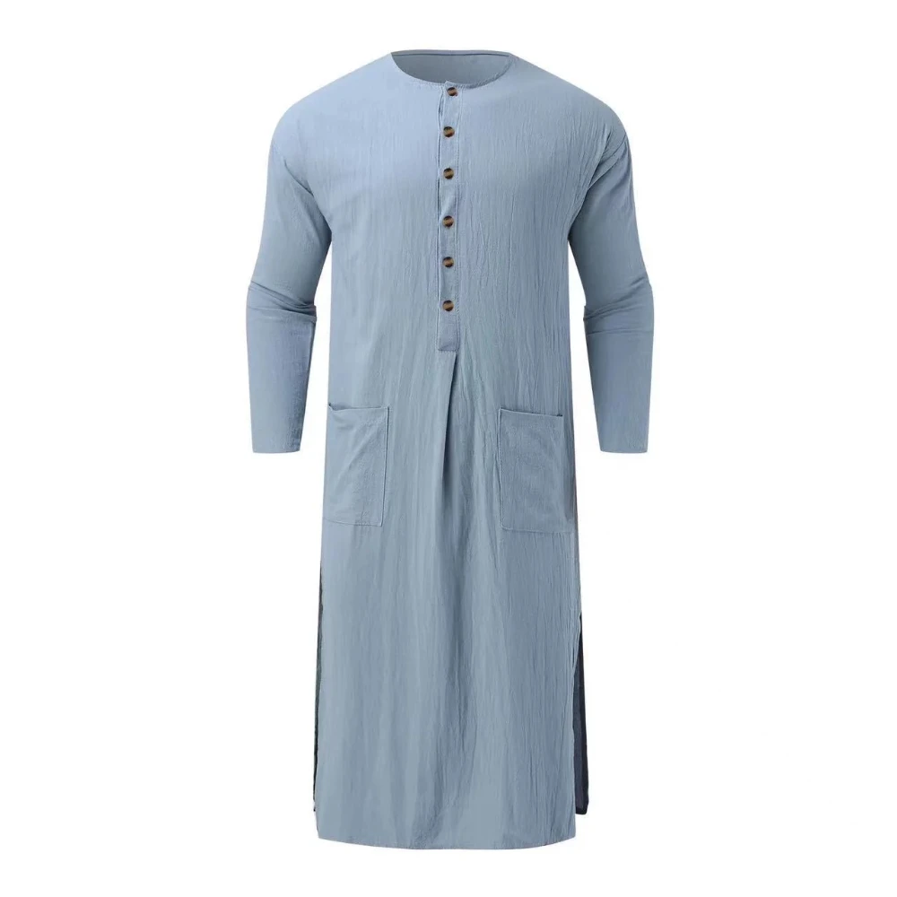 Men's Jubba Thobe - Middle Eastern Cotton Blend Long Robe Loose Fit with Buttons Pockets Comfortable for Eid/Ramadan/Daily Wear