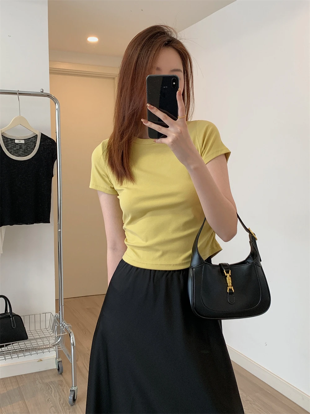 Female Round Neck Short Sleeve T-shirt Summer New Waist Pleated Design Tees Short Tops Basic All-match Slim Fit Bottoming Shirt