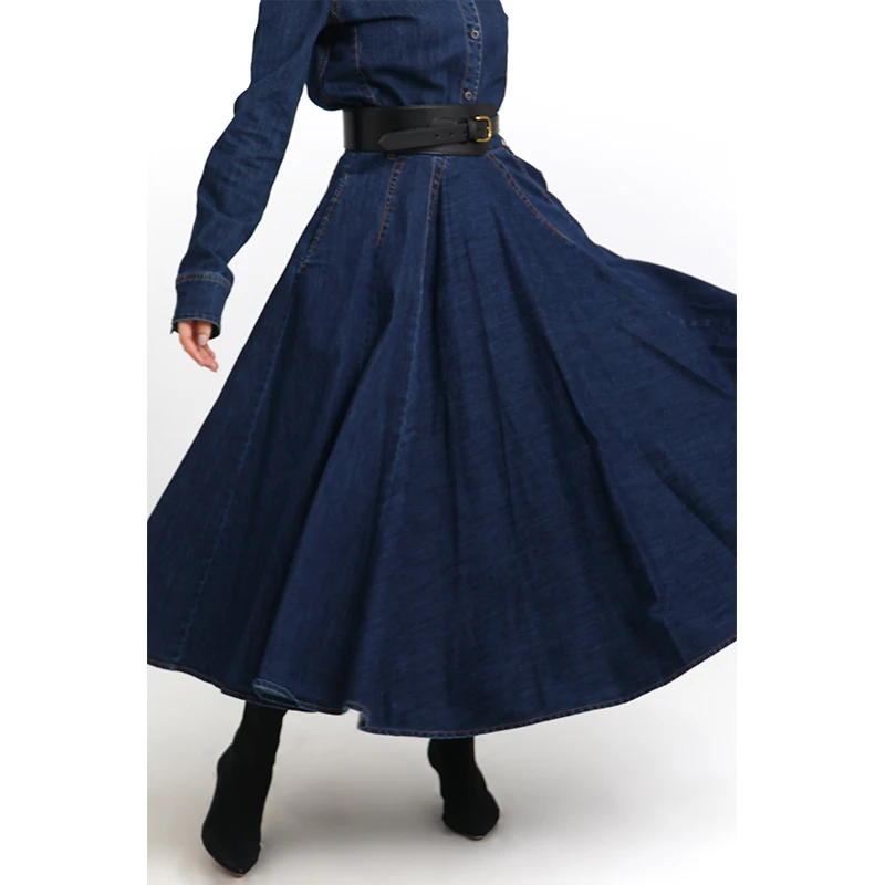 2023 New Autumn Fashion Big Bottoming Women Denim Skirt All-match Hepburn Pettiskirt Mid-long Vintage High Waist Umbrella Skirt