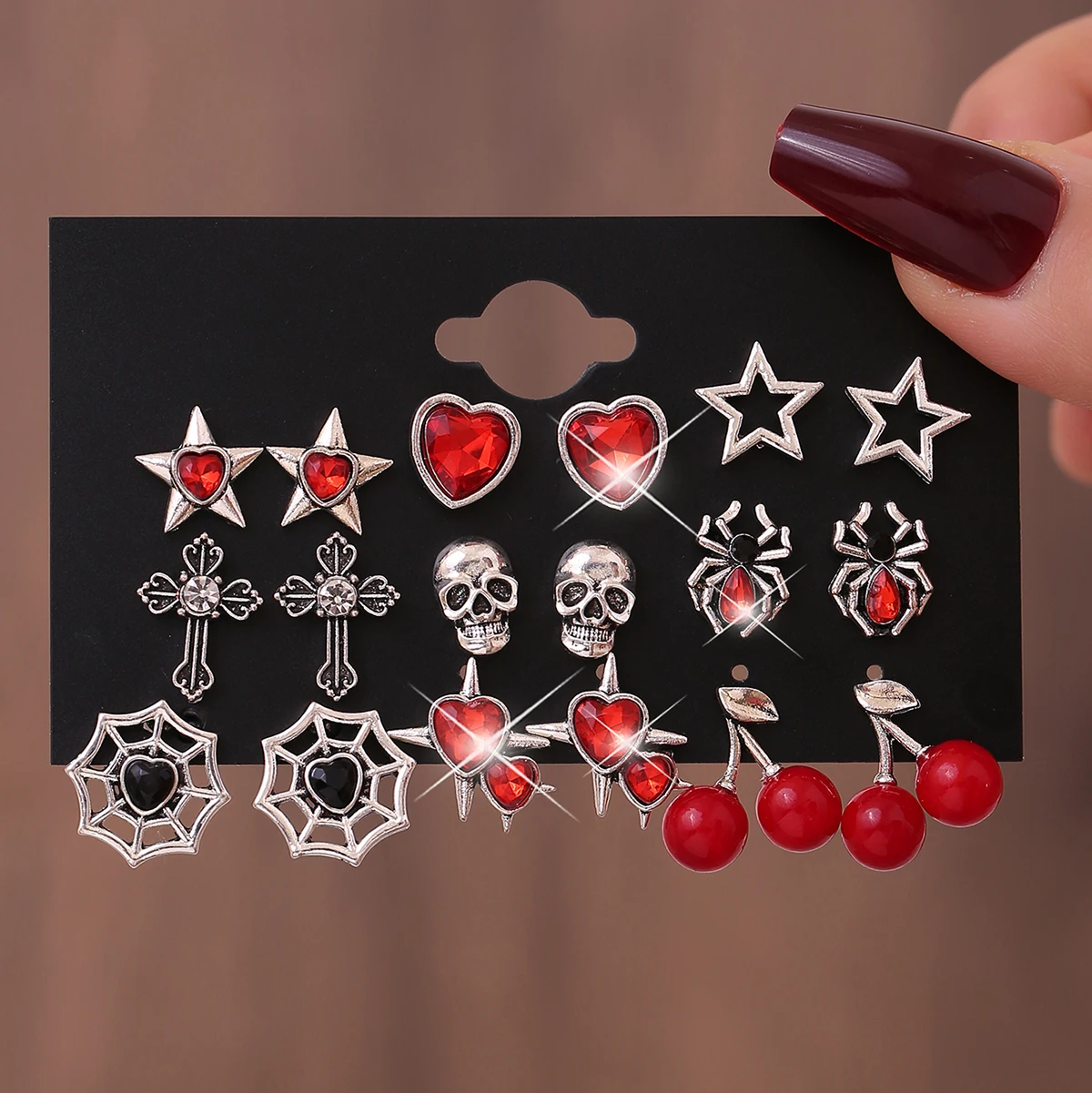 9-Pair Gothic Halloween Ear Studs Set Skull Star Heart Cherry Pearl Pendant Versatile for Party Celebration And Daily Ideal Gift