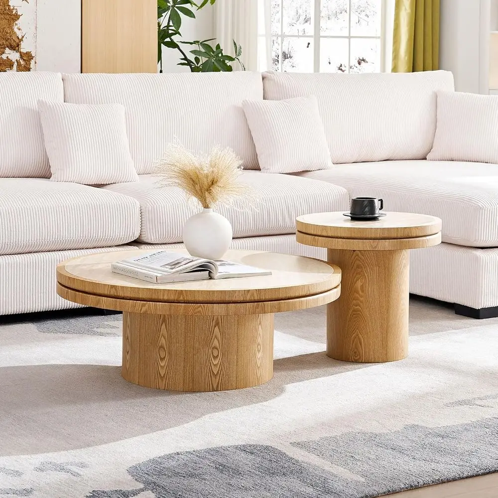 

2 Nesting Coffee Tables for Living Room, Round Coffee Table, Compact Side Table, Sofa Side End Table, Home Balcony Set (Natural)