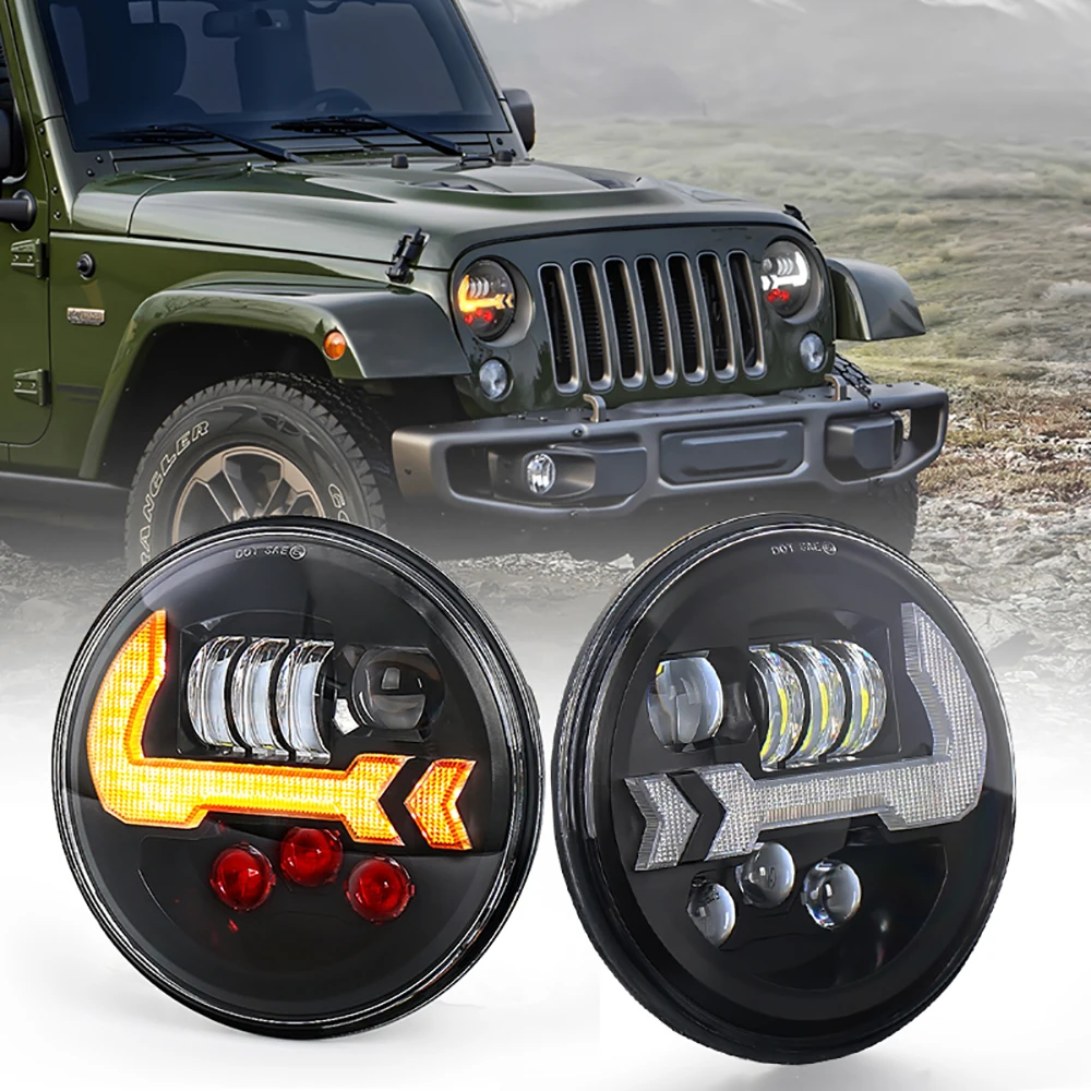 MOVOTOR 7 Inch LED Round Front Driving Light With Arrow Daytime Running Lights High Low Beam for Jeep JK Lada Niva