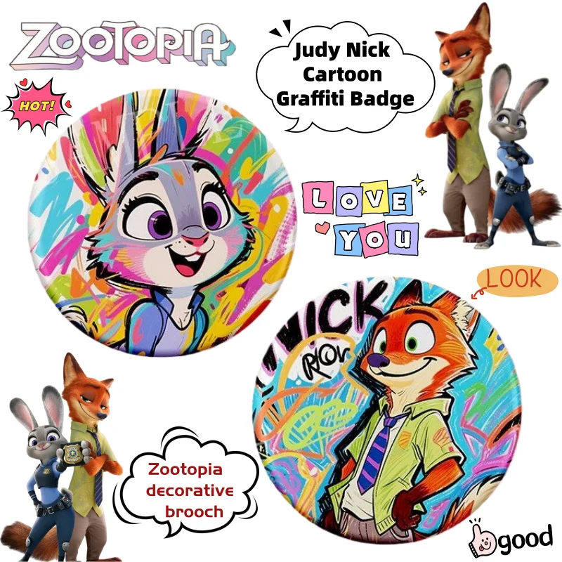 جديد ديزني Zootopia جودي نيك الرسوم المتحركة الثانوية المحيطة الكرتون الكتابة على الجدران سلسلة شارة الإبداعية لطيف 58 مللي متر بروش سميك هدية