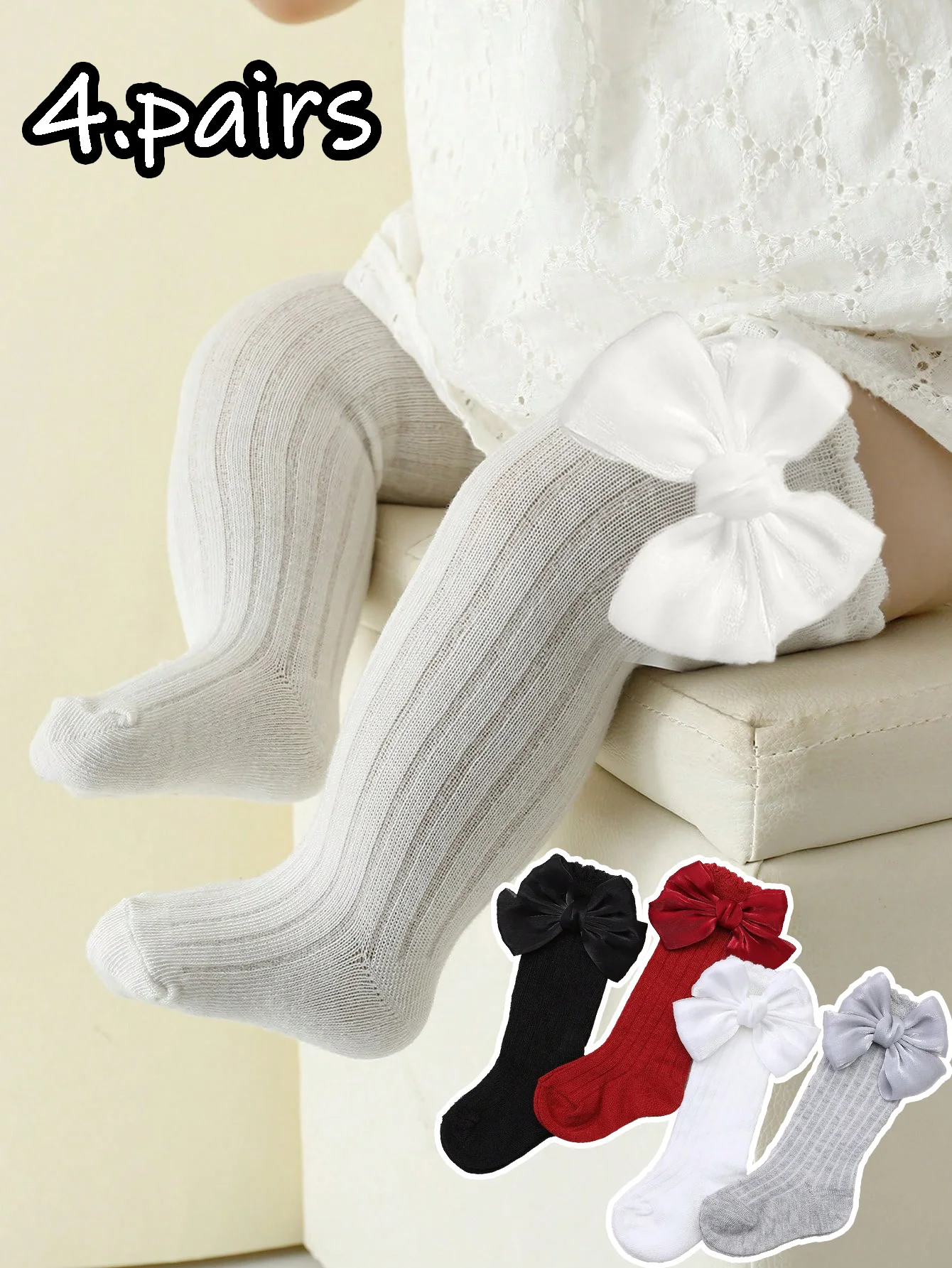 4 Pairs Baby Girls Socks with Side Bows Decoration,Soft Breathable Anti-Slip Princess Knee-High Socks for Girls Aged 0-36 Months