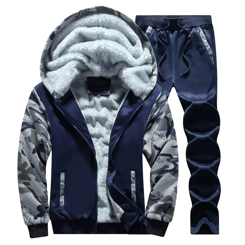 

2025 Men's Camouflage Sports Sets Autumn Winter Hooded Fleece Cardigan Jacket Outdoor Thickened Warm Tracksuit Men Two-piece Set