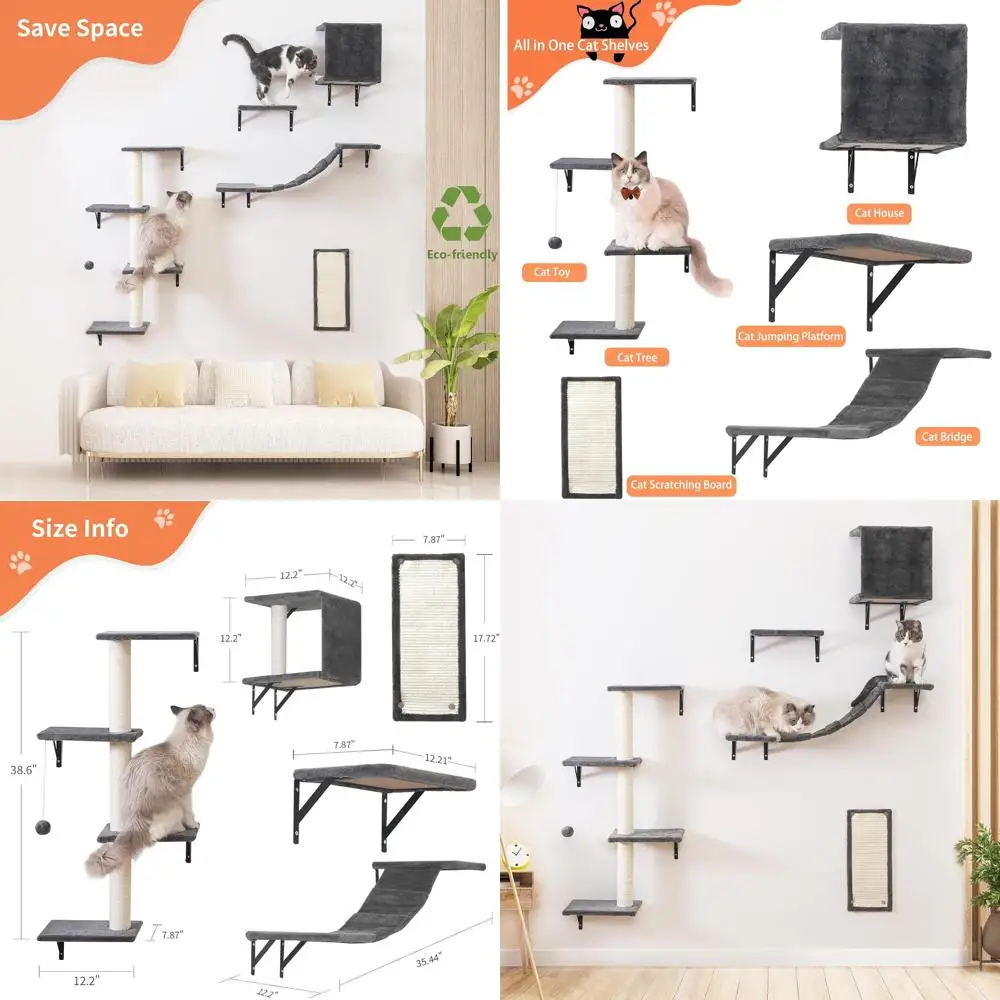 

5-Piece Wooden Cat Wall Furniture Set with House, Bridge, Tree, Steps, and Scratcher in Gray