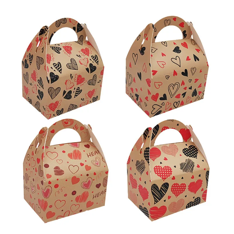 12/24Pcs Kraft Paper Love Heart Candy Box With Handle Wedding Chocolate Favor Gift Packaging Box Valentine's Day Party Supplies