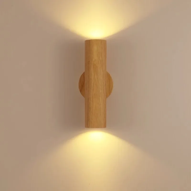 

Cylinder Oak Wooden Color Glow top and bottom, Wabi-sabi Minimalist Style, Wall Sconce light for Living, Bedroom bedside, Study