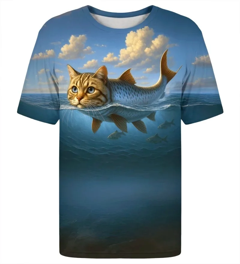 Unisex Surreal Catfish T-shirts, Featuring Fantastical Hybrid Creatures Swimming in Ocean, Sky, Clouds, and Underwater Scenes.