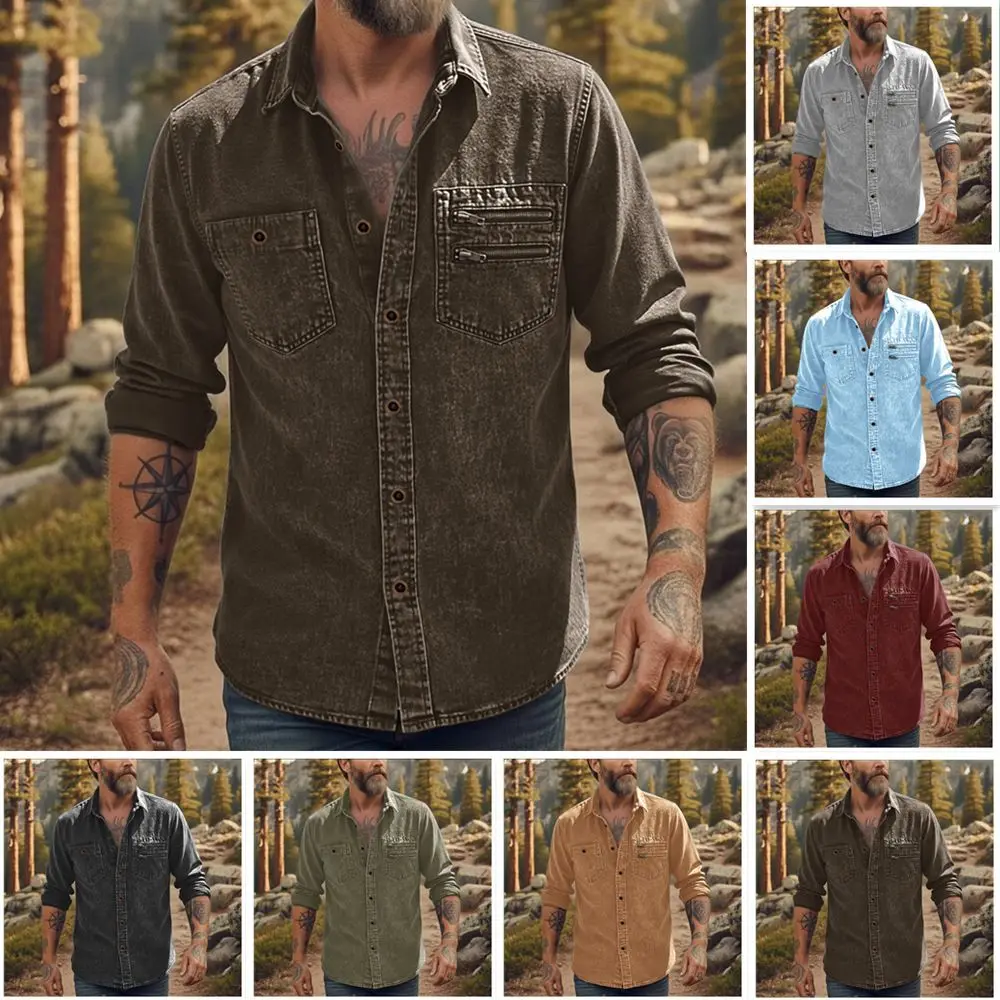 Men's Casual Denim Shirts Long Sleeve Button Vintage Blue Washed Cowboy Shirts Slim Fit Outdoor Workwear Tops for Men 2026