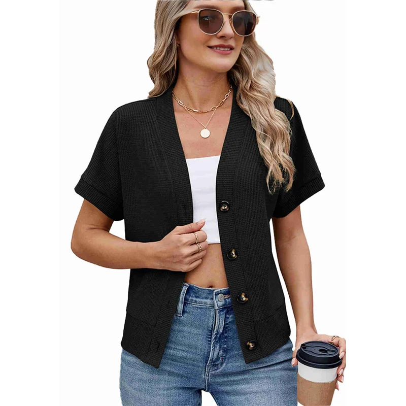 

AT33 Womens Summer Tops 2025 Waffle Knit Button Down Shirts Casual V Neck Short Sleeve Shacket Jacket Dressy Blouses