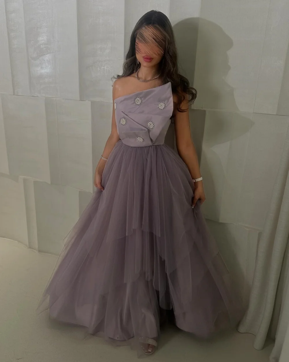 

Customized Fashion Exquisite Tulle Pleat Pearl Beading A-line Strapless Long Dresses Bespoke Occasion Dresses Elegant Matching