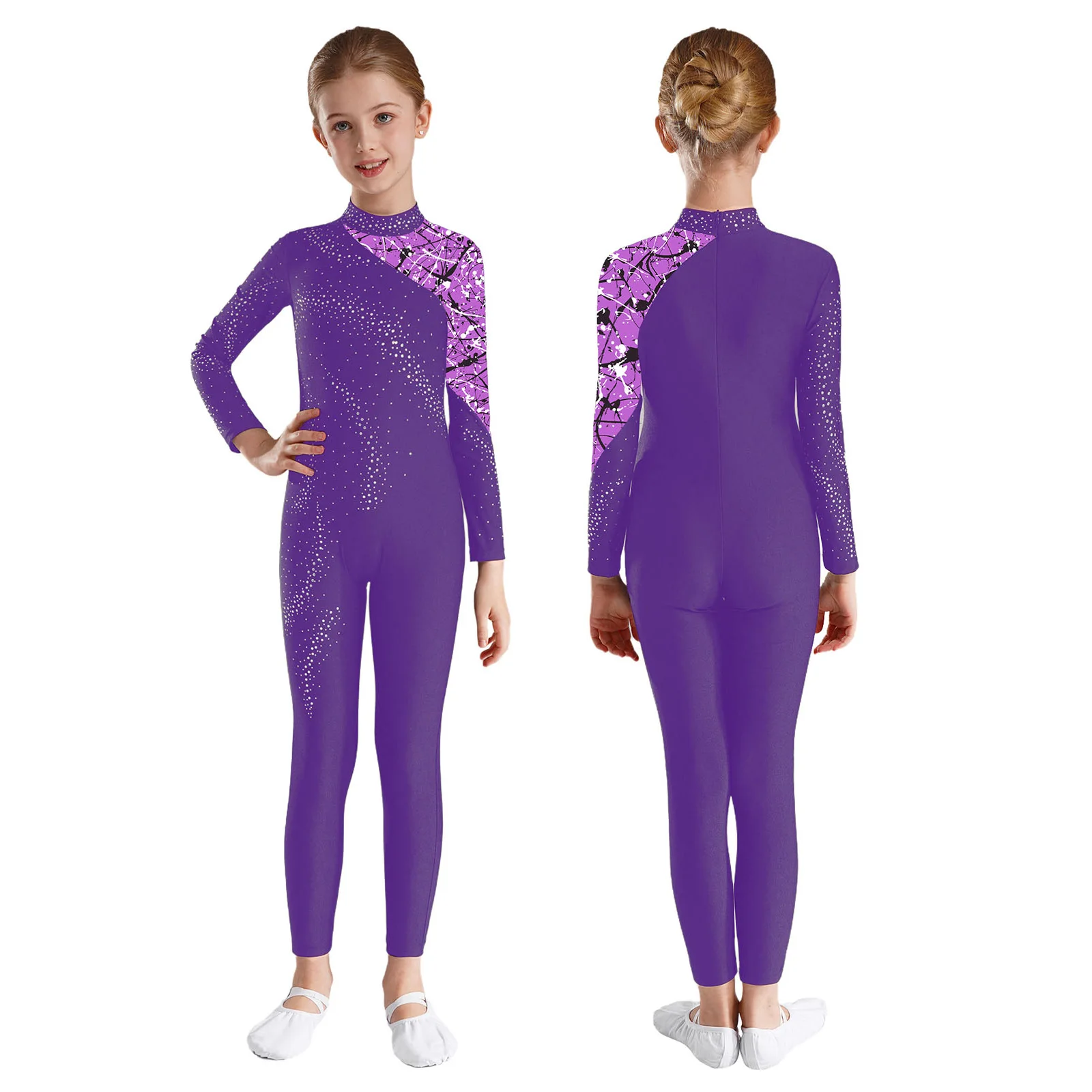 

Kids Girls Figure Skating Jumpsuit Rhinestones Long Sleeve Bodysuit Rhythmic Gymnastics Acrobatics Dance Performance Costume