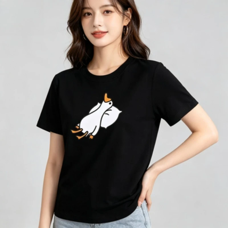 oft Basic Round Neck T Shirt For Women, Funny Lazy Duck Hug Pillow Cartoon Graphic Short Sleeve Tee,  Color Options
