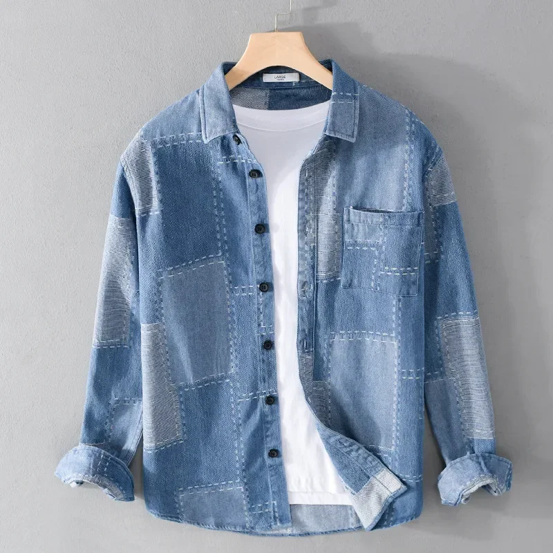 

Korean Fashion Denim Shirt Men Long Sleeve Streetwear Casual Shirts Patch Plaid Jean Shirt Spring Fall Pure Cotton Cowboy Tops