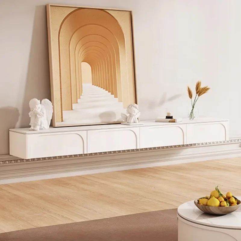 

-Modern Simple Floating Tv Cabinet Cream Style Small Apartment Wall Hanging White Solid Wood Tv Cabinet