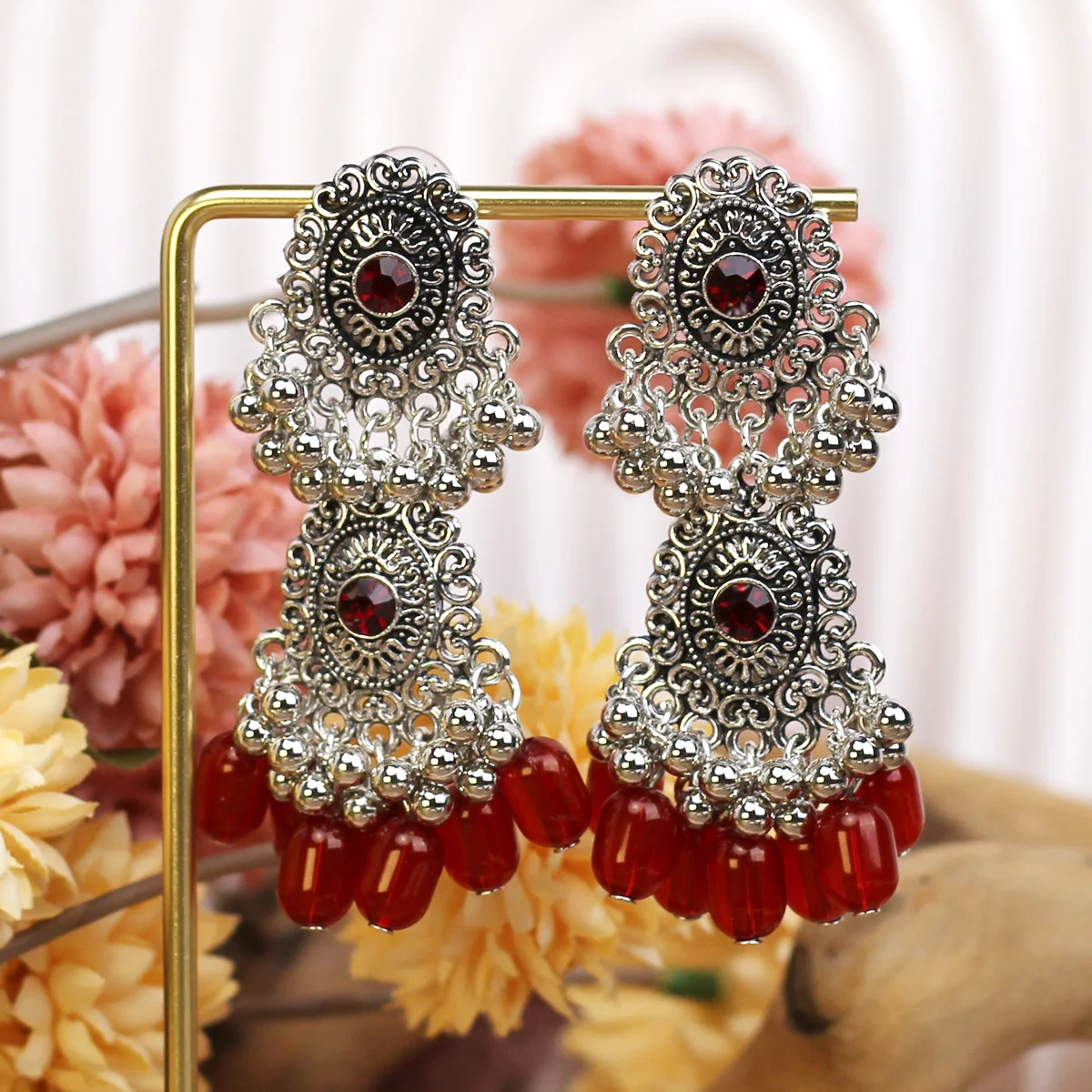 Ethnic Romantic Pink Crystal Bead Tassel Earring Women Ethnic Silver Plated Round Long Dangle Earrings Bridal Wedding Jewelry