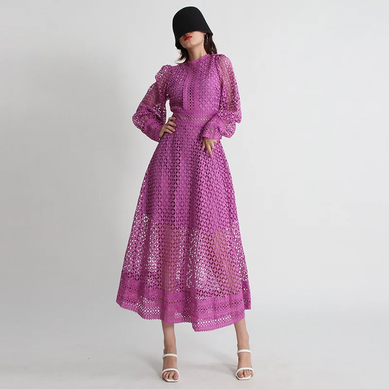 

Fashion Hollow Out Embroidered Slimming Dresses for Women High Quality Long Sleeve Elegant Dresses 2025 Summer Female Clothing