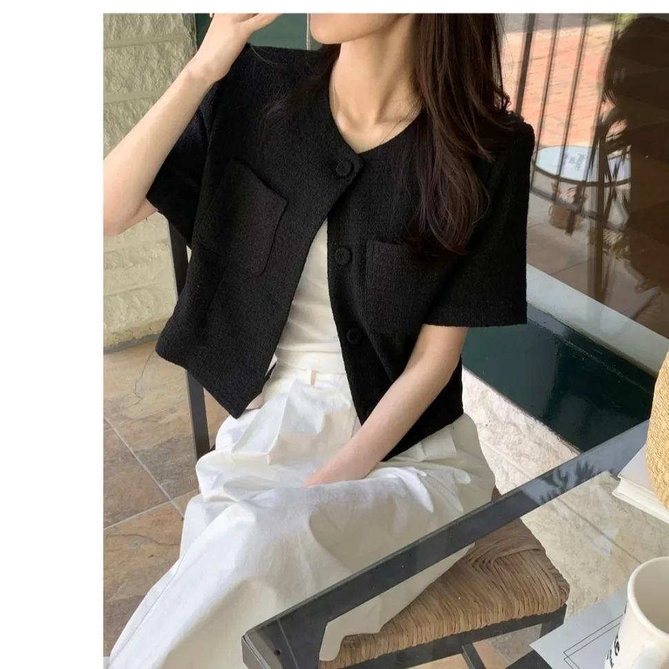 Slimming Plaid Open Cardigan Women's Commute Cotton Blend Spring Season Single Button Closure